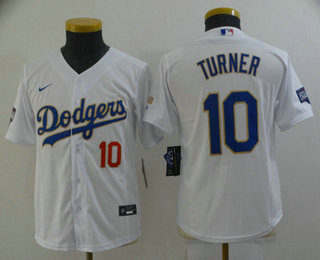 Youth Los Angeles Dodgers #10 Justin Turner Red Number White Gold Championship Stitched MLB Cool Base Nike Jersey