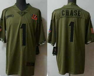 Men's Cincinnati Bengals #1 Jamarr Chase 2022 Olive Salute To Service Limited Stitched Jersey