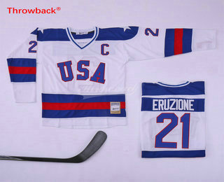 Men's 1980 Olympics USA #21 Mike Eruzione White Throwback Stitched Vintage Ice Hockey Jersey