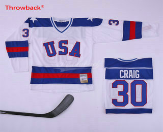 Men's 1980 Olympics USA #30 Jim Craig White Throwback Stitched Vintage Ice Hockey Jersey