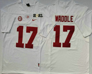 Men's Alabama Crimson Tide #17 Jaylen Waddle White Stitched 2021 Championship Game Patch College Football Nike Jersey