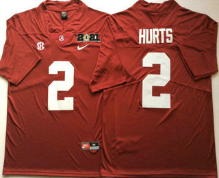 Men's Alabama Crimson Tide #2 Jalen Hurts Red Stitched 2021 Championship Game Patch College Football Nike Jersey