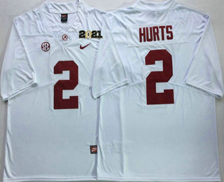 Men's Alabama Crimson Tide #2 Jalen Hurts White Stitched 2021 Championship Game Patch College Football Nike Jersey