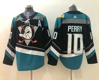 Men's Anaheim Ducks #10 Corey Perry Black With Teal Green A Patch 2019 Hockey Adidas Stitched NHL Jersey