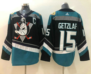 Men's Anaheim Ducks #15 Ryan Getzlaf Black With Teal Green C Patch 2019 Hockey Adidas Stitched NHL Jersey