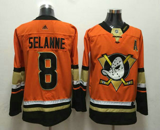 Men's Anaheim Ducks #8 Teemu Selanne Orange With A Patch 2017-2018 Hockey Adidas Stitched NHL Jersey