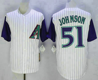 Men's Arizona Diamondbacks #51 Randy Johnson White With Purple Pinstripe Cooperstown Jersey