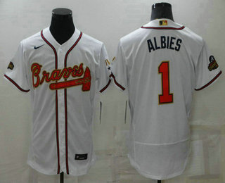 Men's Atlanta Braves #1 Ozzie Albies 2022 White Gold World Series Champions Program Flex Base Stitched Baseball Jersey