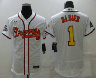 Men's Atlanta Braves #1 Ozzie Albies White Gold 2021  World Series Champions Stitched MLB Flex Base Jersey