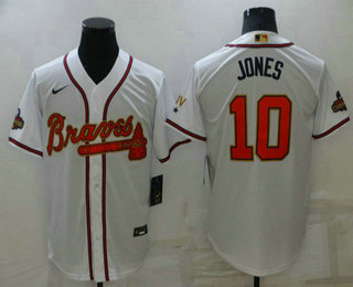 Men's Atlanta Braves #10 Chipper Jones 2022 White Gold World Series Champions Program Cool Base Stitched Baseball Jersey