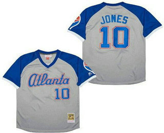 Men's Atlanta Braves #10 Chipper Jones Gray Blue Throwback Jersey