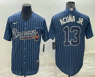 Men's Atlanta Braves #13 Ronald Acuna Jr Navy Blue Pinstripe Stitched MLB Cool Base Nike Jersey