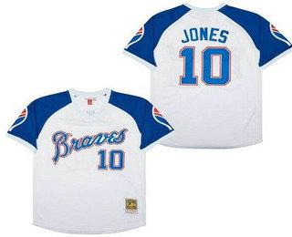 Men's Atlanta Braves #10 Chipper Jones White Blue Throwback Jersey