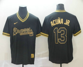 Men's Atlanta Braves #13 Ronald Acuna Jr. Black Gold Nike Cooperstown Legend V Neck Jersey