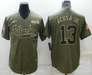 Men's Atlanta Braves #13 Ronald Acuna Jr 2021 Olive Salute To Service Limited Stitched Jersey