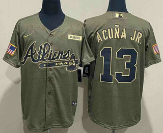 Men's Atlanta Braves #13 Ronald Acuna Jr 2021 Olive Salute To Service Limited Stitched Jersey