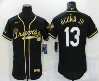 Men's Atlanta Braves #13 Ronald Acuna Jr Black 2021 Golden Edition Stitched Flex Base Nike Jersey