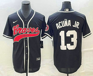 Men's Atlanta Braves #13 Ronald Acuna Jr Black Cool Base Stitched Baseball Jersey 02