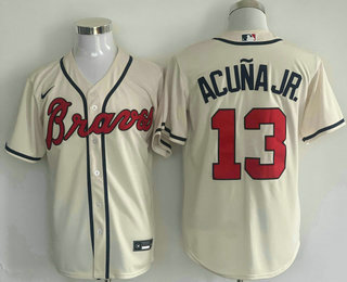 Men's Atlanta Braves #13 Ronald Acuna Jr Cream Stitched Cool Base Nike Jersey
