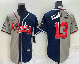 Men's Atlanta Braves #13 Ronald Acuna Jr Grey Navy Blue Two Tone Stitched Nike Jersey