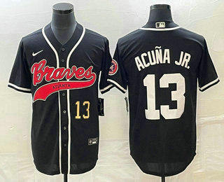 Men's Atlanta Braves #13 Ronald Acuna Jr Number Black Cool Base Stitched Baseball Jersey 01