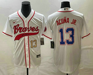 Men's Atlanta Braves #13 Ronald Acuna Jr Number White Cool Base With Patch Stitched Baseball Jersey 01