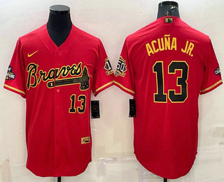 Men's Atlanta Braves #13 Ronald Acuna Jr Red Gold World Series Champions Program Cool Base Stitched Baseball Jersey