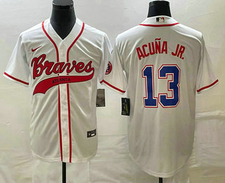 Men's Atlanta Braves #13 Ronald Acuna Jr White Cool Base With Patch Stitched Baseball Jersey 01