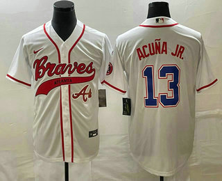 Men's Atlanta Braves #13 Ronald Acuna Jr White Cool Base With Patch Stitched Baseball Jersey 02