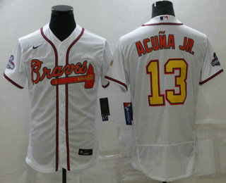 Men's Atlanta Braves #13 Ronald Acuna Jr White Gold 2021  World Series Champions Stitched MLB Flex Base Jersey