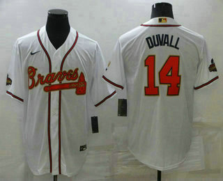 Men's Atlanta Braves #14 Adam Duvall 2022 White Gold World Series Champions Program Cool Base Stitched Baseball Jersey