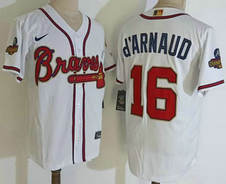 Men's Atlanta Braves #16 Travis dArnaud 2022 White Gold World Series Champions Program Cool Base Stitched Baseball Jersey