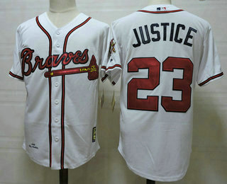 Men's Atlanta Braves #23 David Justice Home White MLB Cool Base Jersey w1995 World Series