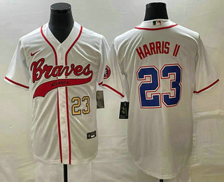 Men's Atlanta Braves #23 Michael Harris II Number White Cool Base With Patch Stitched Baseball Jersey 01