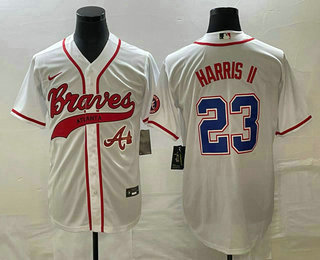 Men's Atlanta Braves #23 Michael Harris II White Cool Base With Patch Stitched Baseball Jersey 01