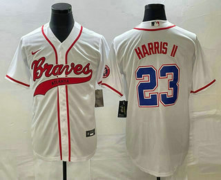 Men's Atlanta Braves #23 Michael Harris II White Cool Base With Patch Stitched Baseball Jersey 02