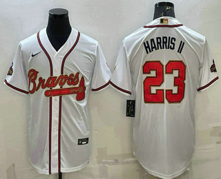 Men's Atlanta Braves #23 Michael Harris II White Gold World Series Champions Program Cool Base Stitched Baseball Jersey