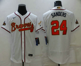 Men's Atlanta Braves #24 Deion Sanders 2022 White Gold World Series Champions Program Flex Base Stitched Baseball Jersey