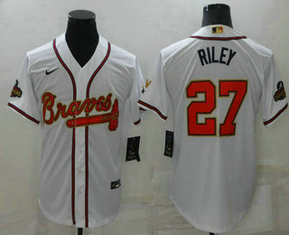 Men's Atlanta Braves #27 Austin Riley 2022 White Gold World Series Champions Program Cool Base Stitched Baseball Jersey