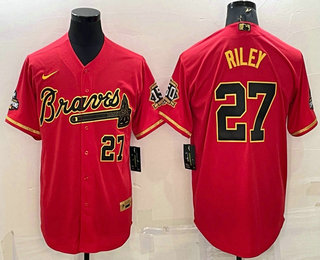 Men's Atlanta Braves #27 Austin Riley Red Gold World Series Champions Program Cool Base Stitched Baseball Jersey