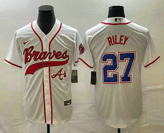 Men's Atlanta Braves #27 Austin Riley White Cool Base With Patch Stitched Baseball Jersey 01