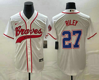 Men's Atlanta Braves #27 Austin Riley White Cool Base With Patch Stitched Baseball Jersey 02