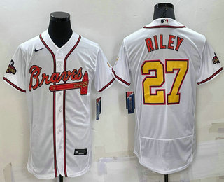 Men's Atlanta Braves #27 Austin Riley White Gold 2021 World Series Champions Stitched MLB Flex Base Jersey