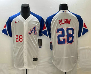 Men's Atlanta Braves #28 Matt Olson Number White 2023 City Connect Flex Base Stitched Jersey 01