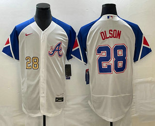 Men's Atlanta Braves #28 Matt Olson Number White 2023 City Connect Flex Base Stitched Jersey 02