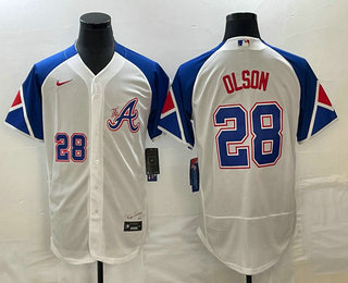 Men's Atlanta Braves #28 Matt Olson Number White 2023 City Connect Flex Base Stitched Jersey 03