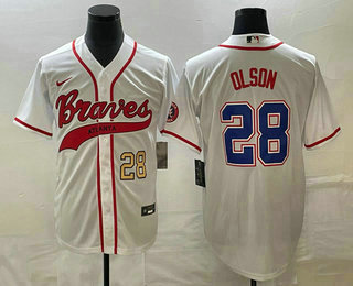 Men's Atlanta Braves #28 Matt Olson Number White Cool Base With Patch Stitched Baseball Jersey 01