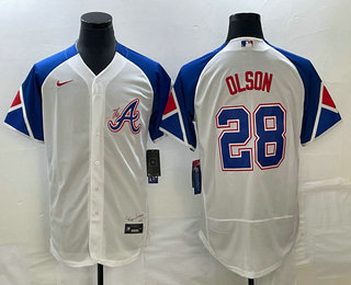 Men's Atlanta Braves #28 Matt Olson White 2023 City Connect Flex Base Stitched Jersey 01