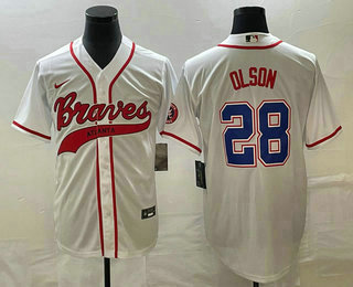 Men's Atlanta Braves #28 Matt Olson White Cool Base With Patch Stitched Baseball Jersey 02