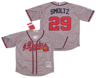 Men's Atlanta Braves #29 John Smoltz Gray Road Throwback 1999 World Series Stitched MLB Mitchell & Ness Jersey